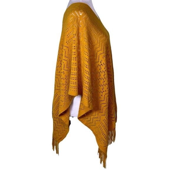 Women's Boho Open Knit Fringe Poncho Mustard Yellow Shawl Wrap Fall Layering OS - Picture 4 of 7